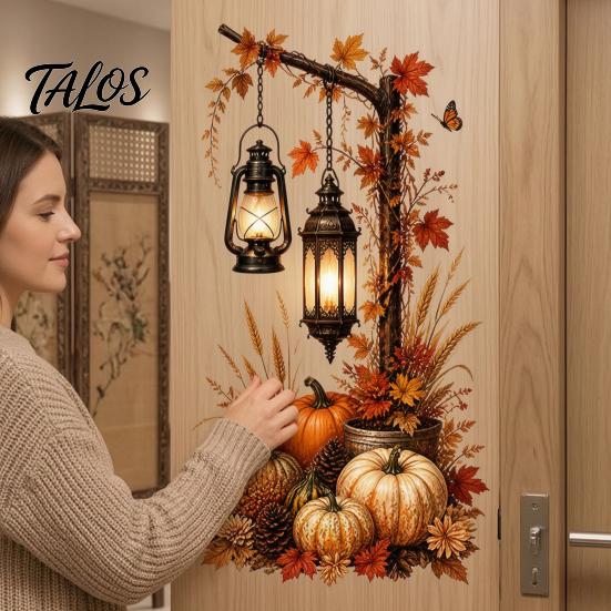 DIY Autumn Room Decor Pumpkin Street Lamp & Maple Leaves Wall Sticker, Waterproof PVC Fall Harvest Removable Leaf Art Decal, Decorative Peel And Stick