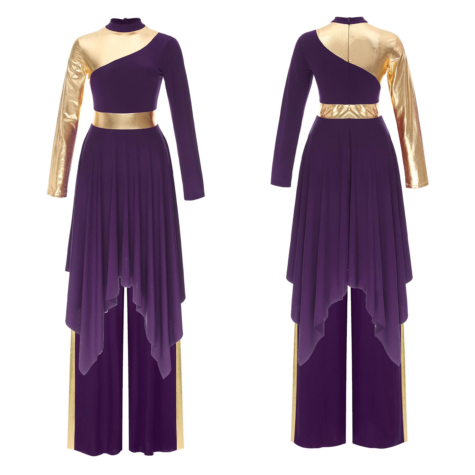 

Женский комплект из 2 предметов для танцев, платье с асимметричным подолом и металлическими блоками, широкие брюки, одежда для танцев в стиле богослужения S