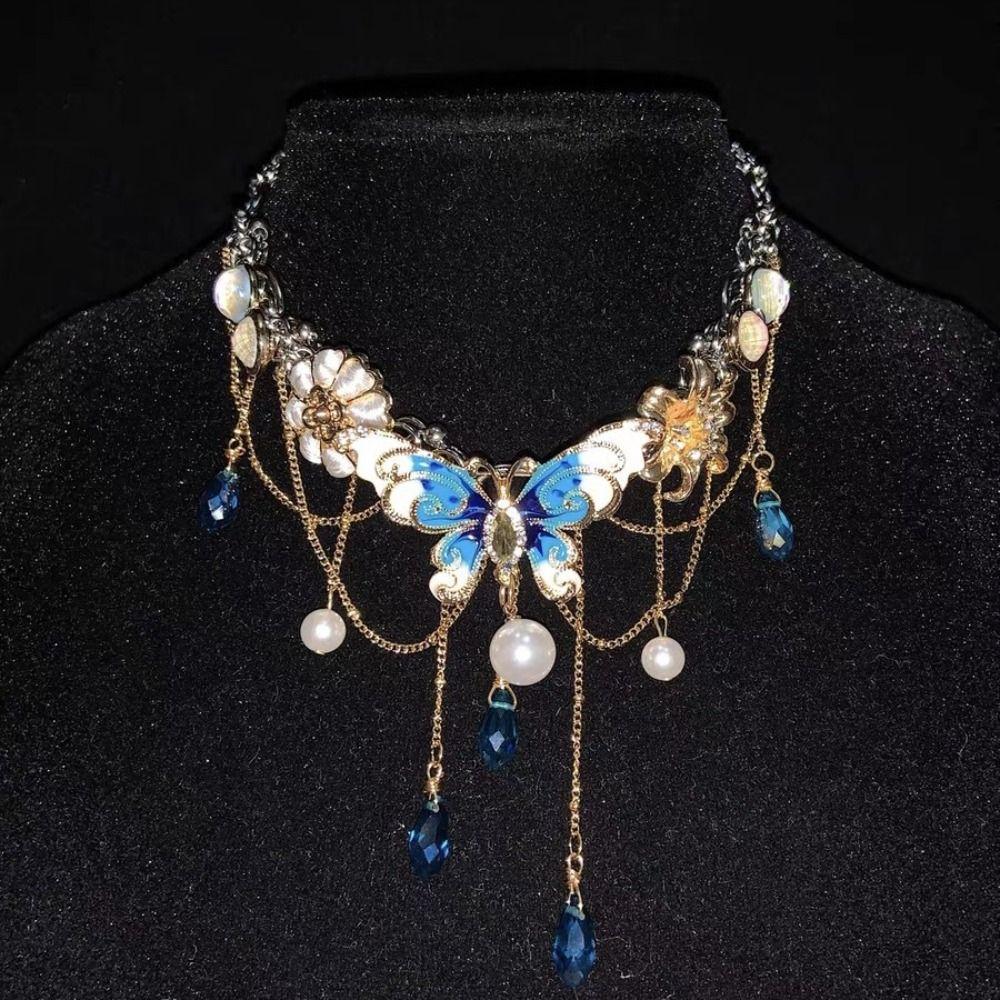 Vícevrstvý náhrdelník s kamínky ve tvaru motýla Sladký dámský choker s třásněmi Křišťálový náhrdelník Pro dívky