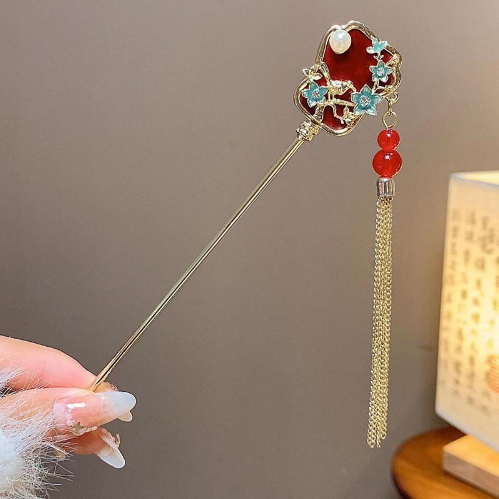 Red Tassel Pearl Flower Hair Stick Elegant Fan Shape Chinese Versatile  Style Pearl Hair Stick Hair Fork Hairpin Hanfu Party