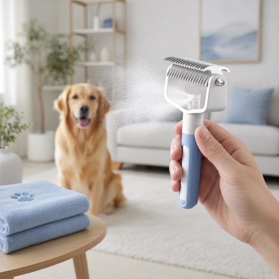 Dual-Sided Pet Grooming Comb for Dogs Cats, 2?in?1 Pet Deshedding Brush with Spray, Undercoat Rake Dematting Comb Tool for Long Haired Pet