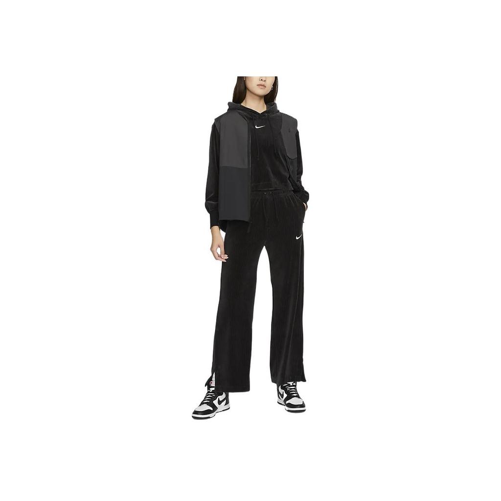 Nike Solid Logo Print Corduroy Wide Leg Long Pants Split Sports Pants Women Pants Black DQ5922-010