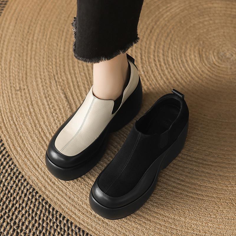 10CM ultra-high heel waterproof table color matching leather single shoes women's 2025 new round head thick sole wedge heel versatile loafers