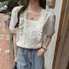 New Arrivals Open Run Women White Lace Short Sleeve Blouse Square Neck