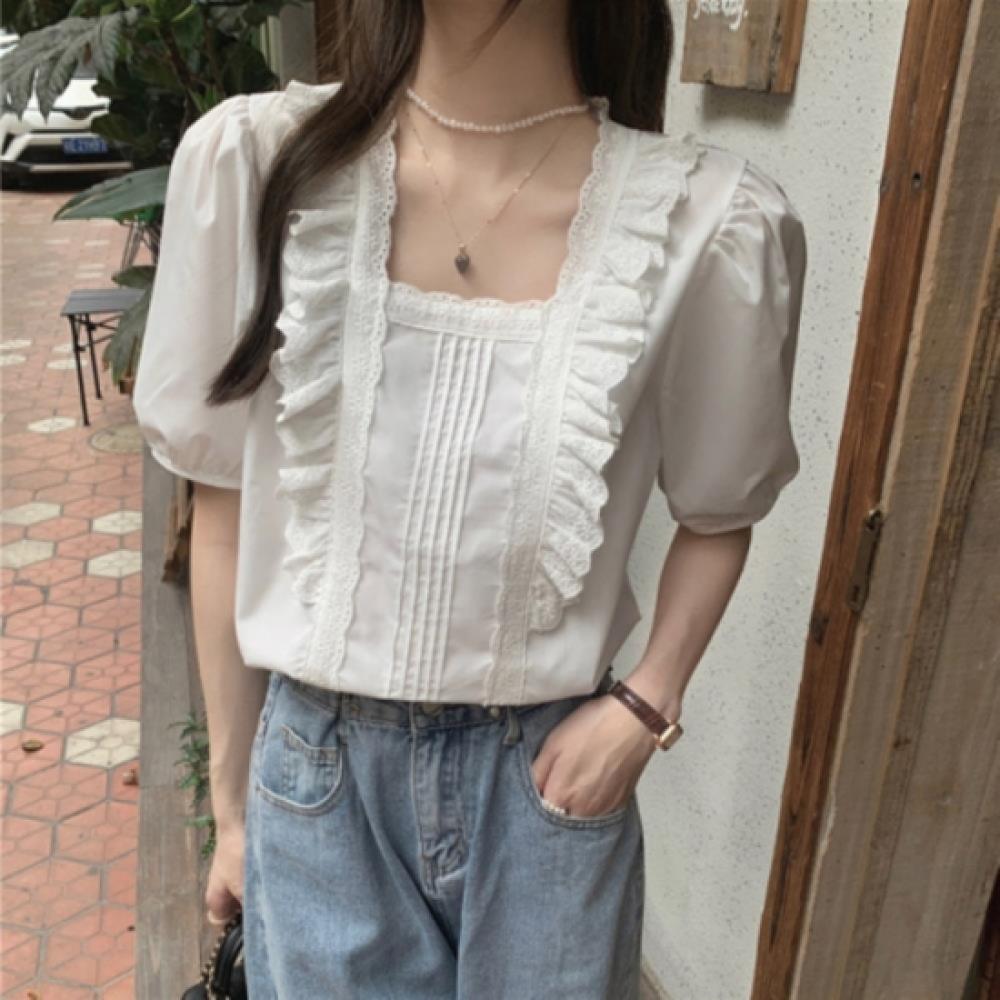 New Arrivals Open Run Women White Lace Short Sleeve Blouse Square Neck