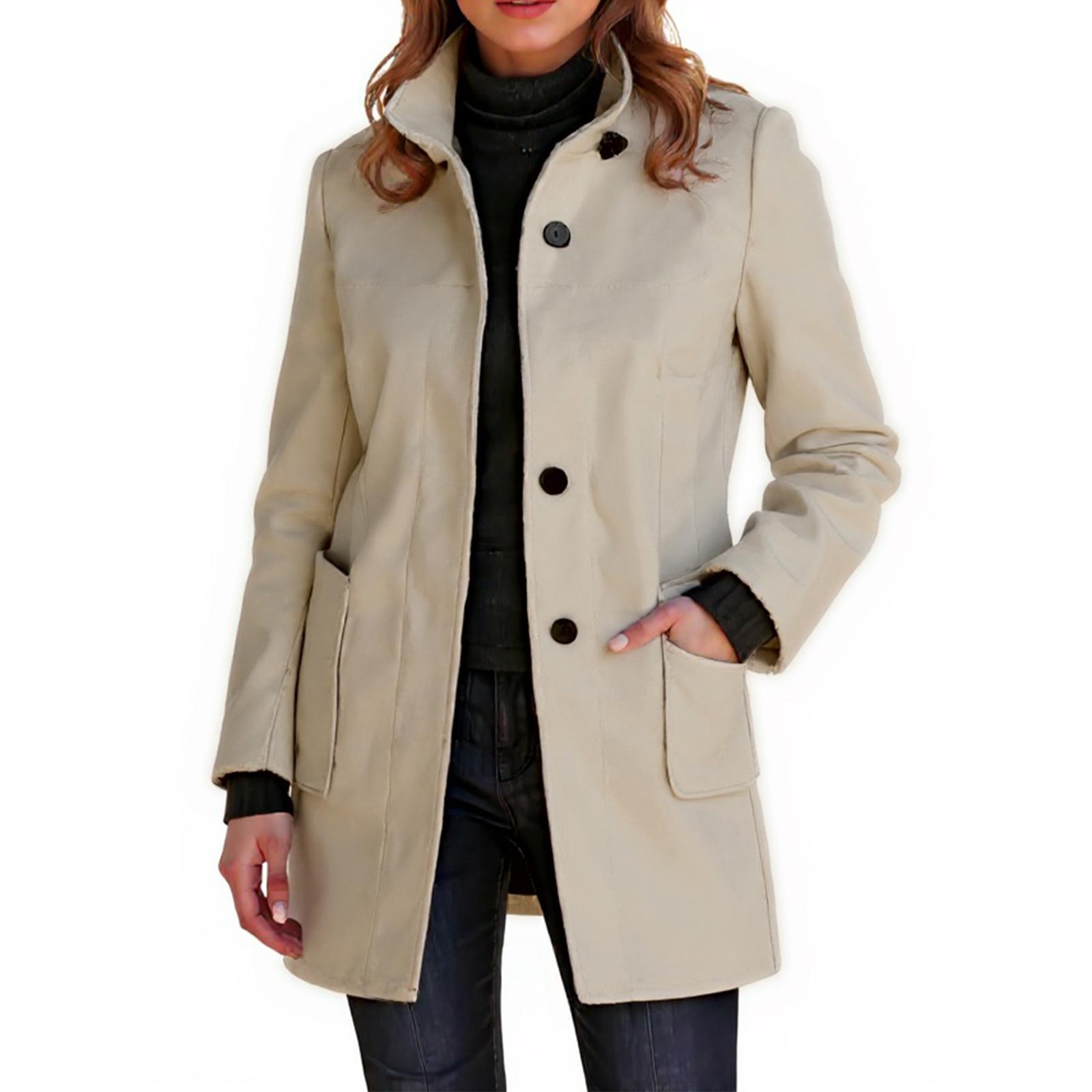 

Ladies Casual And Fashionable Solid Color Button Up Collar Woolen Coat L