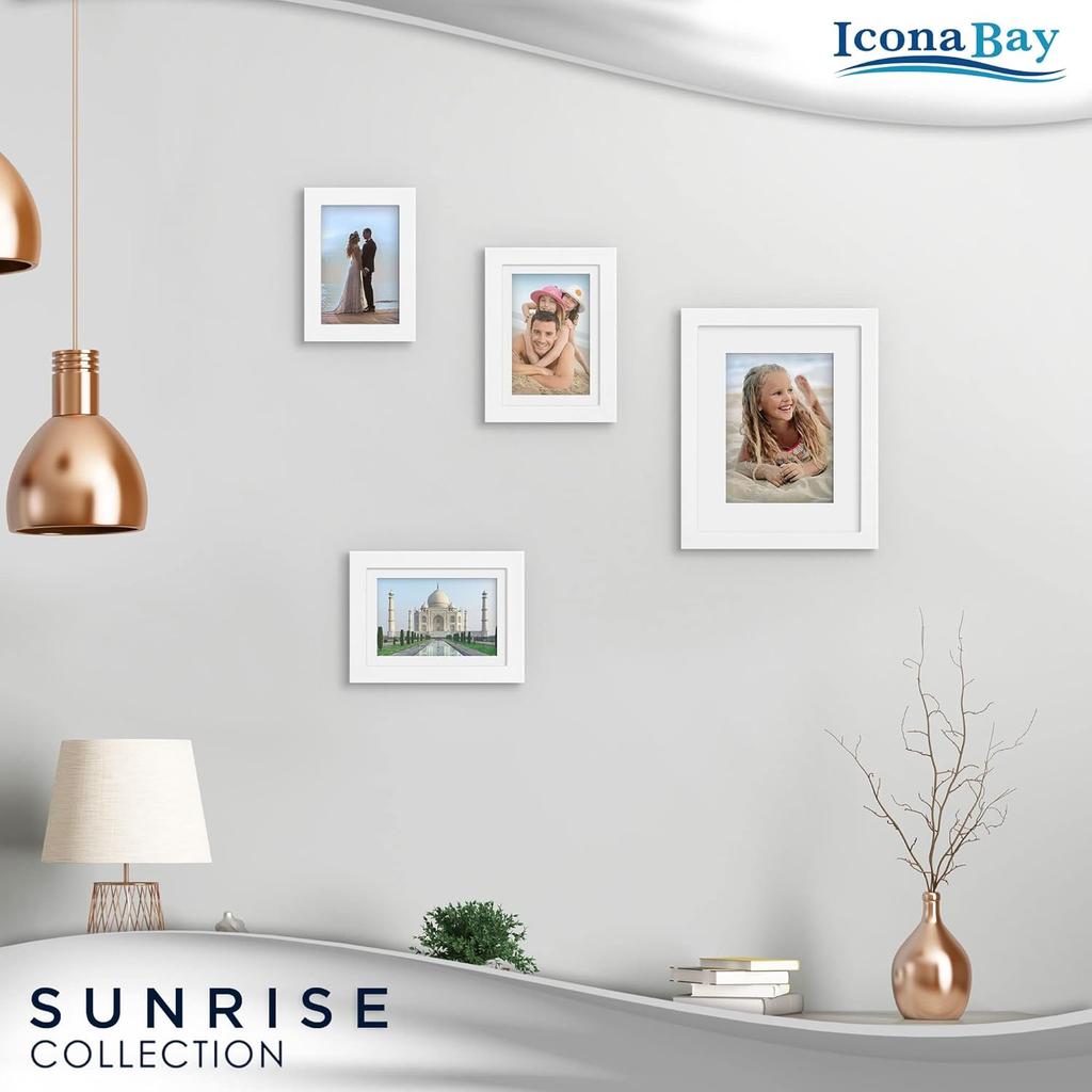 Icona Bay - 8x10 Mat to 5x7 White Picture Frame - Painted Solid One-Piece Wood Composite, Modern Farmhouse - Sunrise Collection