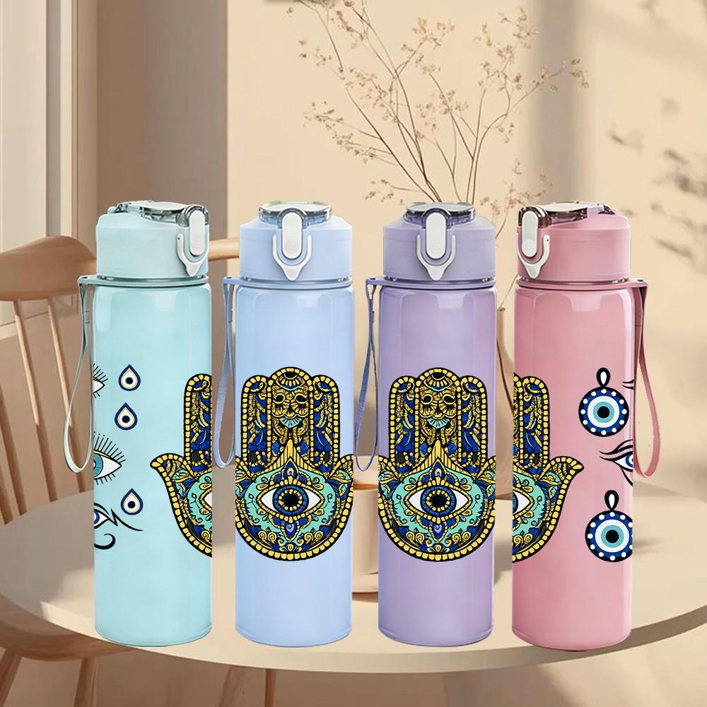 1PC Hamsa Hand Evil Eye Amulet Art 750ml Color Plastic Sports Water Bottle Leakproof Flip Straw Lid Suitable for Sports Office Home Use
