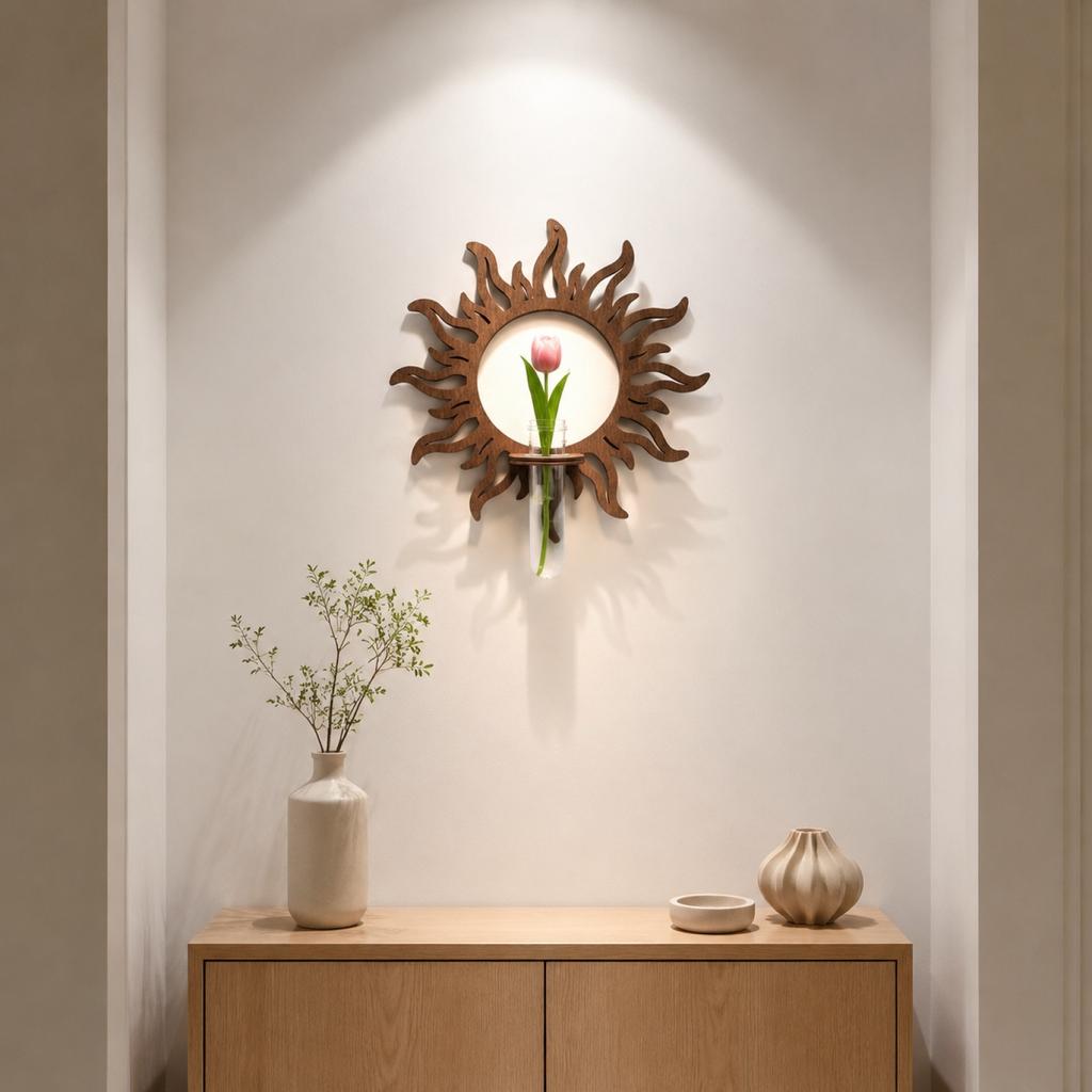 Wooden Sun Shaped Wall Mounted Hydroponic Plant Holder with Glass Test Tube Vase for Small Plants and Decorative Display Indoor Outdoor Use