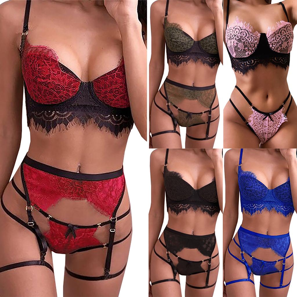 Women Sexy Lace Bra Set Sexy Three-piece Lingerie Babydoll Underwear G-String Thong Nightwear
