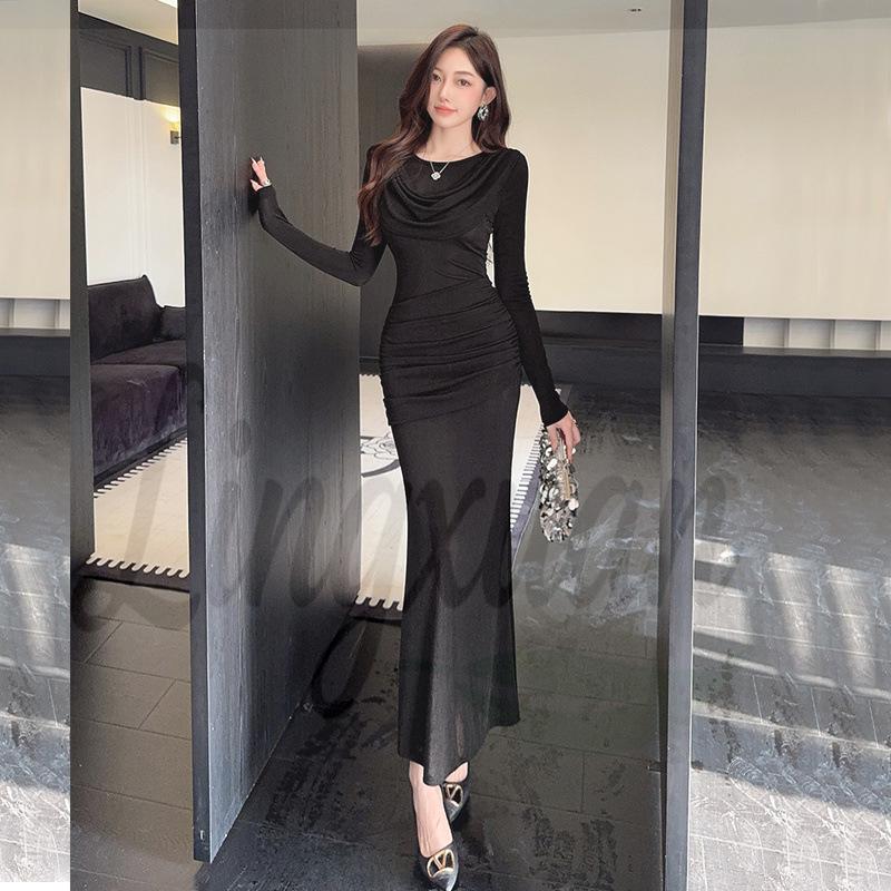 Women s Elegant Long Sleeve Bodycon Dress - Sexy, Slimming, Formal Party Wear M чёрный