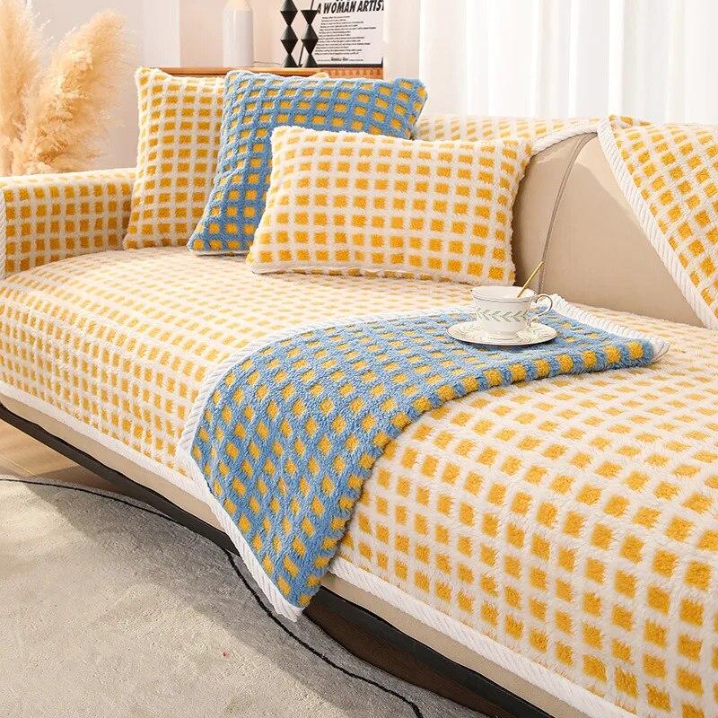Short Plush Lattice Style Sofa Towel Thicken Quilted Sofa Cover Slip Resistant Couch Cover 1/2/3-seater Sofas for Living Room