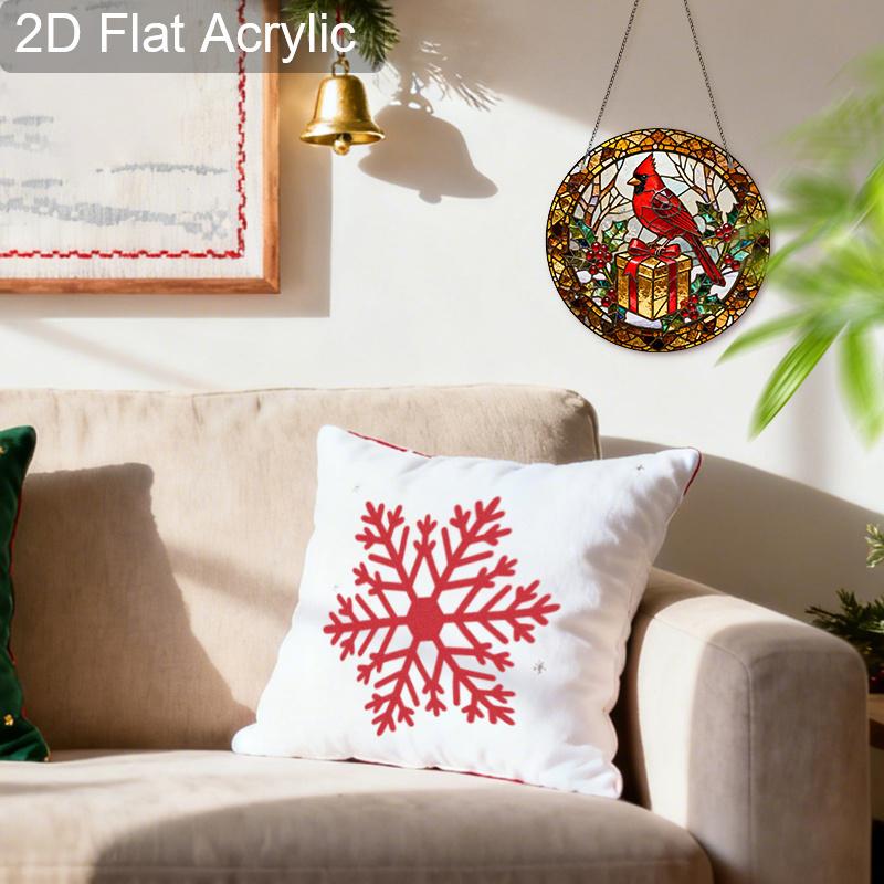 Acrylic Christmas Red Cardinal with Gift Box Suncatcher Stained Glass Effect Window Hanging Ornament Holiday Decor Gifts