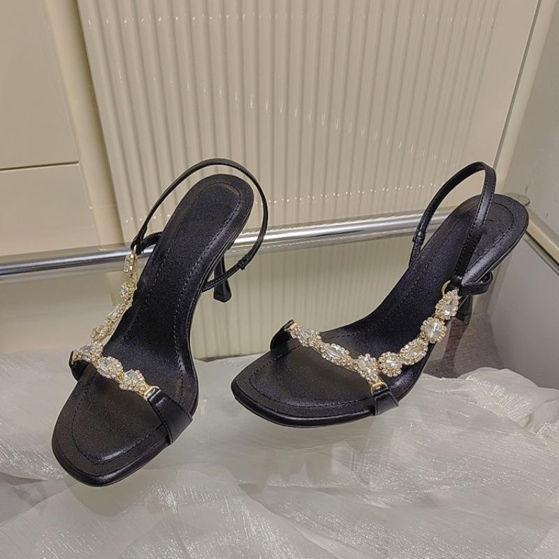 Chain square head rhinestone high-heeled sandals female French stunning fairy temperament stiletto high heels