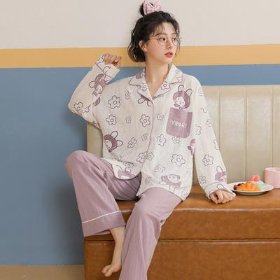Women's Spring and Fall New Cardigan Long-sleeved Pajamas Casual Cotton Plus Size Girls Cartoon Season Homewear