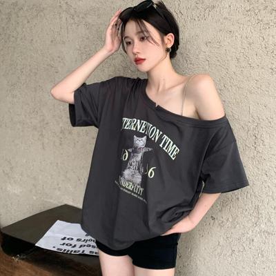 Maglietta estiva in cotone sexy con spalle scoperte da donna a maniche corte t-shirt casual oversize vintage cartone animato y2k top abbigliamento donna