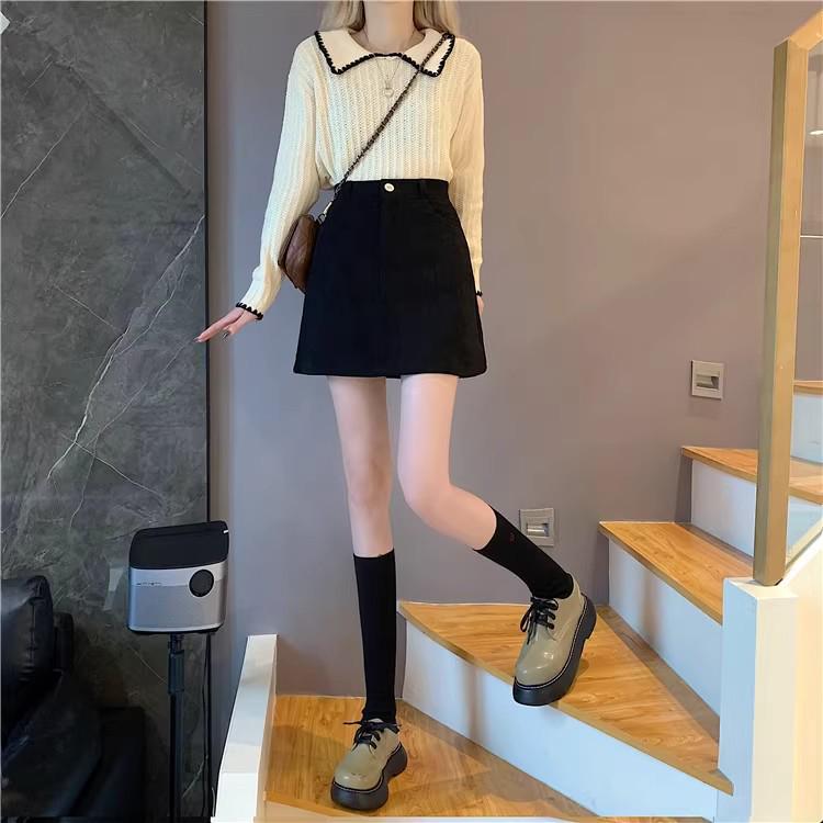 Women's Plus Size High Waist Coffee Corduroy A-Line Skirt - Slimming Anti-Exposure Short Skirt for Fall/Winter