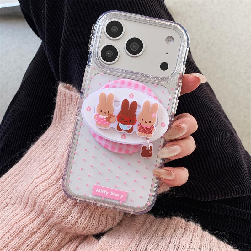 Polka Dot Plaid Rabbit Magnetic Stand Case for iPhone 17/16 Pro Max/15 Pro