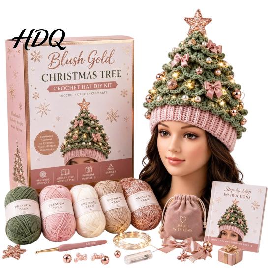 Parent Child Interaction Craft Christmas Tree Crochet Hat DIY Kit Beginner-Friendly Light-Up Kit Complete with Yarn Tools Guide for Holiday