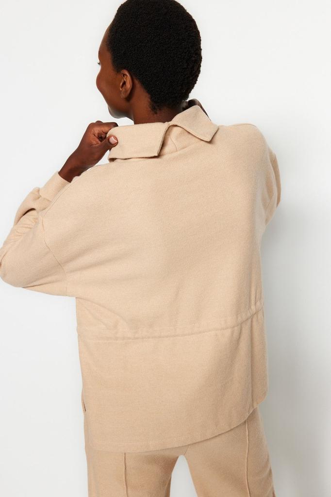 Women's Fashionable Stylish Sweatshirt Navy Blue Thessaloniki Knitwear Look High Collar Gathered Regular Fit Knitted Sweatshirt