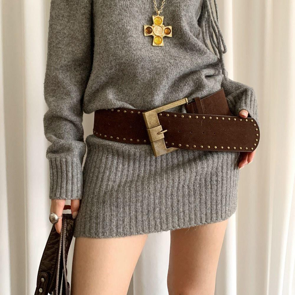 Y2k Rivet Waist Belt Pin Buckle Ultra-wide Waistband Women Coat Skirt Decoration