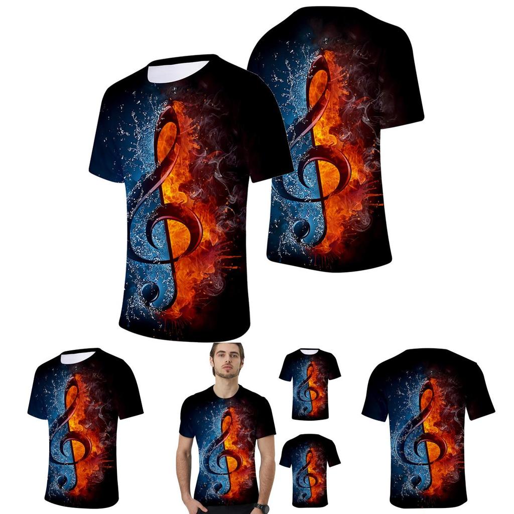 Stylish Mens Ice Fire Music Note 3d Printed Short-sleeved O-neck Casual Tee