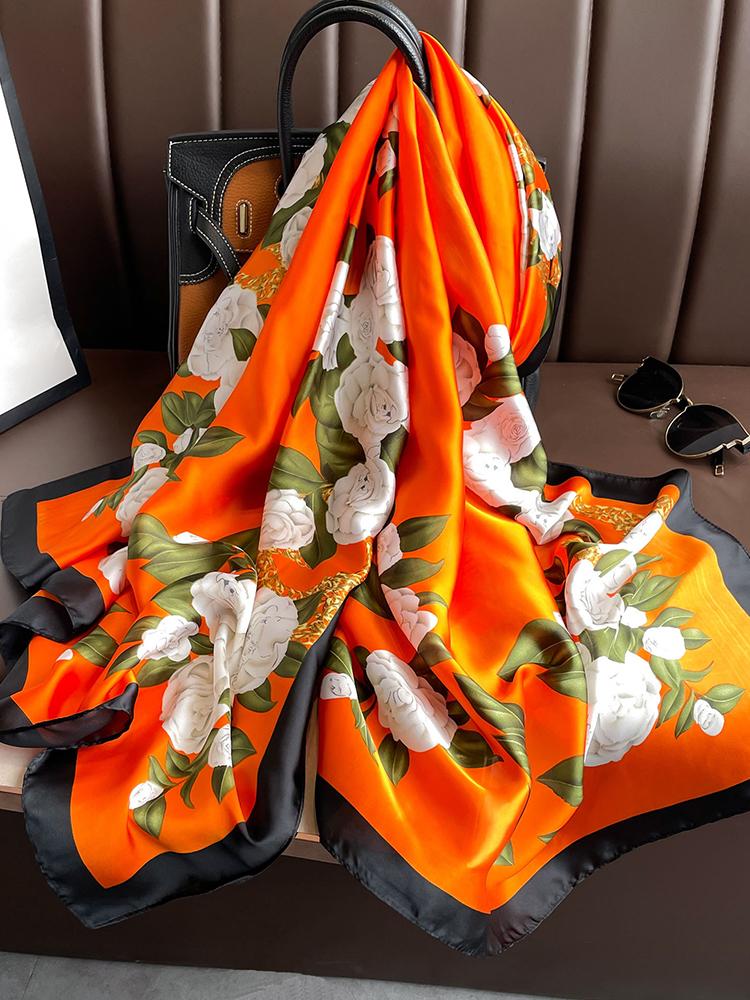 Fashion Elegant Women Silk Scarf Beach Wrap Shawl Vintage Satin Floral Print Sunscreen Bandana Hijab Mujer Scarve Foulard Pareo