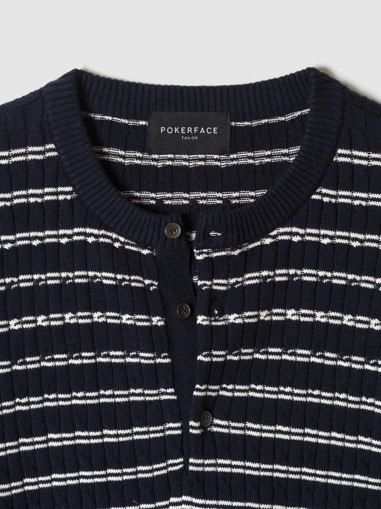 Pokeopeiseu Cable Stripe Henley Neck Knit Navy