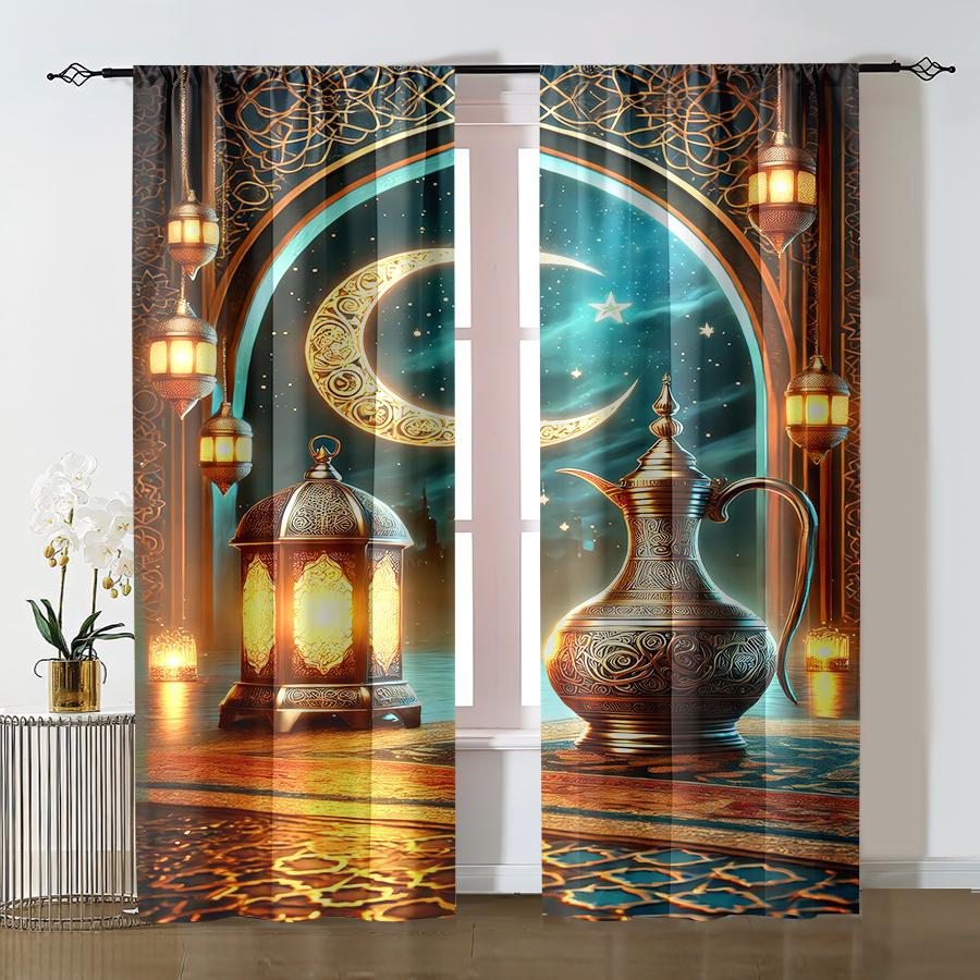 

2pcs Luxe Islamic Lantern & Crescent Curtains Ideal for Ramadan/Eid Window Decor Elegant Home Living Room Bedroom Decor 100*130 Rod Pocket 1pcs