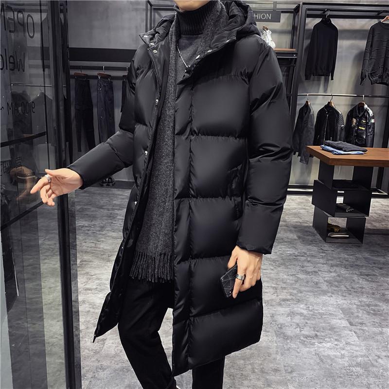 Men's Korean Style Hooded Down Cotton Jacket - Mid-Length, Thickened, Winter Outerwear.