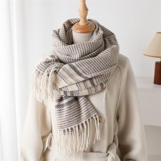 Women Scarf Striped Print Long Scarf Shawl with Tassel Trim Versatile Design Comfortable Shawl Wrap Fashion Accessories