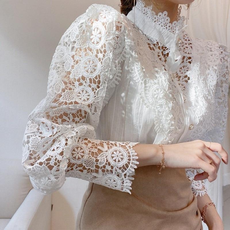 Top Camicette Casual Larghi in Cotone Bianco Pizzo Vintage Blusa Floreale Uncinetto Traforata Camicie da Donna a Manica Lunga Blusas