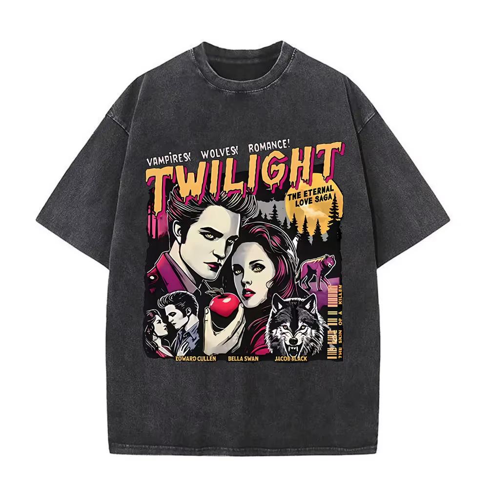 Wypłukane Vintage Film Zmierzch Miłośnik Książek Wampir Edward Cullen Koszulki Wilk Jacob Black Koszulka Koszulki Roberta Pattinsona