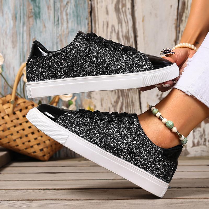 Fashion Luxury Sequin Fabric Lace Up Skateboard Shoes Women 2025 Autumn Fashion Glitter Round Toe Sneakers Non Slip Flat Heel Shoes