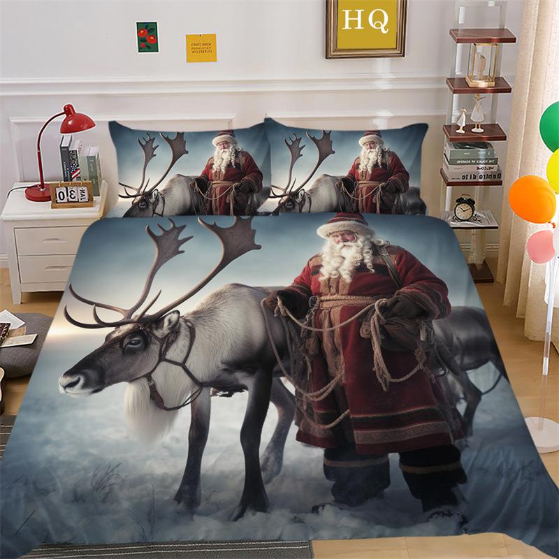 Jultomte Älg 3D-printad Polyester Kuddfodral Täcke Överdrag Två Eller Tre Delars Set