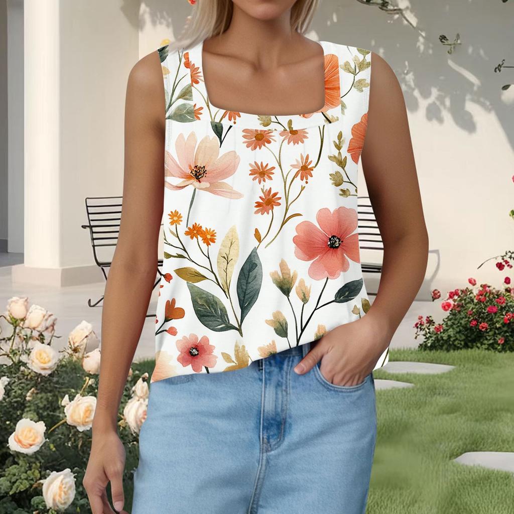 Women's Fashion Pleated Printed Square Neck Vest Top
