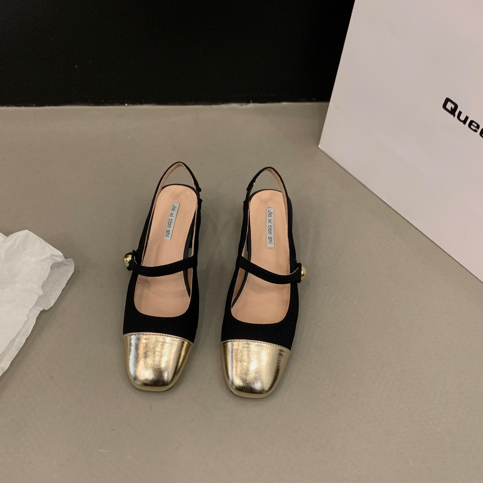 

French Xiaoxiangfeng high-heeled bag-headed sandals 2025 new summer Mary Jane gold square-headed thick-heeled shoes 39 чорний