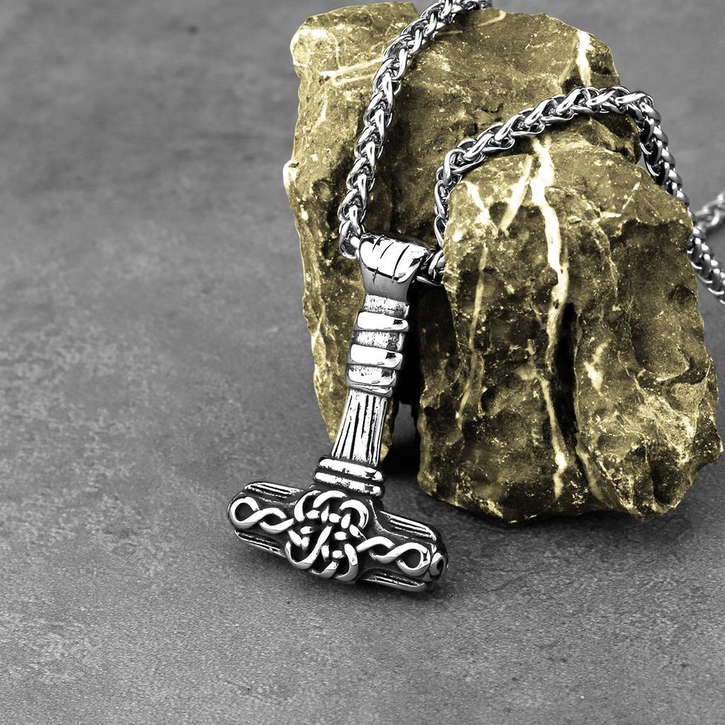 Stainless Steel Viking Odin Hammer Mjolnir Necklace for Men Vintage Nordic Celtic Knot Pendant Necklace Fashion Amulet Jewelry