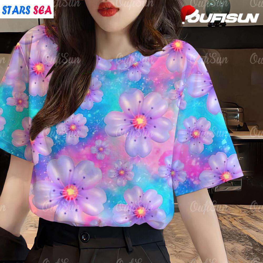 3d Colorful floral short Sleeve T-shirt for women's fashion loose plus size pullover