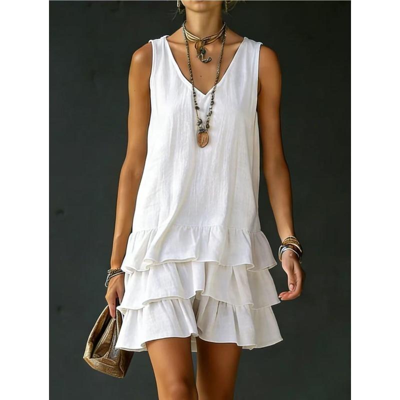 Spring and Summer Fashion Loose-Fitting Casual Solid Color V-Neck Dress for Women S белый