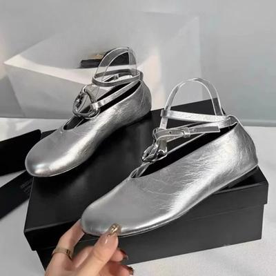 Mode Luxus Gold Schnalle Leder Ballerinas Frau Elegant Markendesign Knöchelriemen Ballerinas Damen Höhe Innen Punk Zapatos