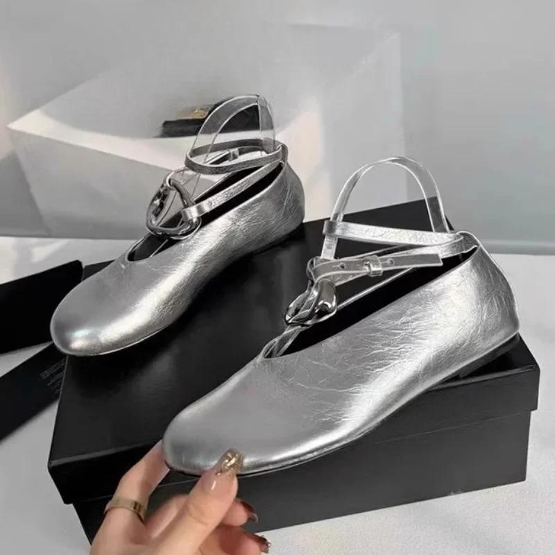 Fashion Luxury Gold Buckle Leather Ballet Flats Woman Elegant Brand Design Ankle Strap Ballerina Shoes Ladies Height Inside Punk Zapatos