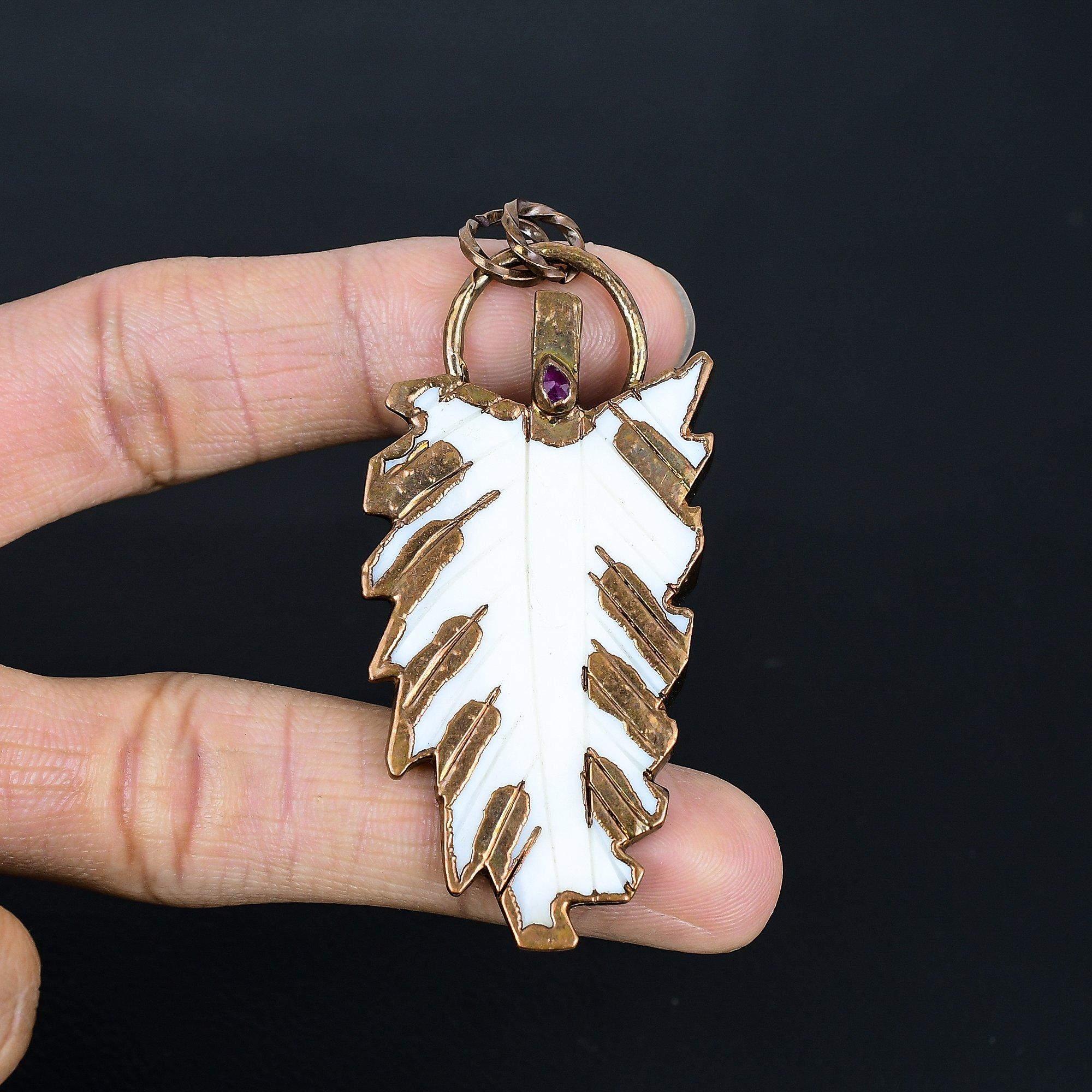 

Carved White Coral & Ruby Jewelry, Copper Electroformed Pendant Handmade Gemstone Jewelry, Gifts For Wife Brand New Pendant 2.55 Inches