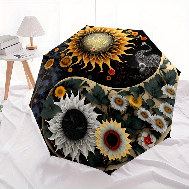 "Yin Yang Harmony: Sunflower Garden Art Print"Umbrella, Portable 3-Fold Compact Umbrella for Men & Women ES36