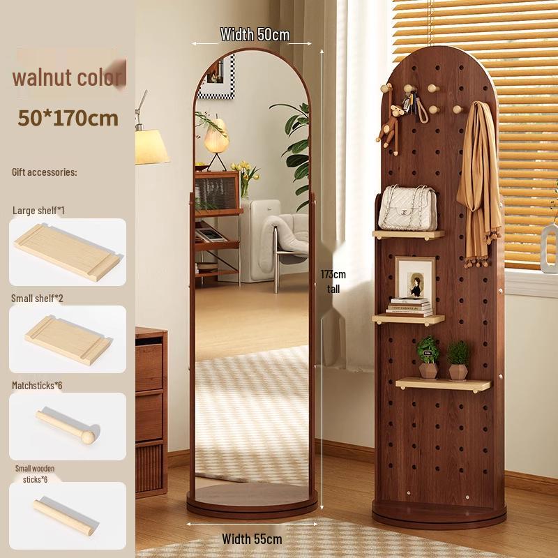 Rotating Pegboard Full-Length Mirror and Clothes Rack - Movable, Retro Floor Standing Dressing Room Mirror
