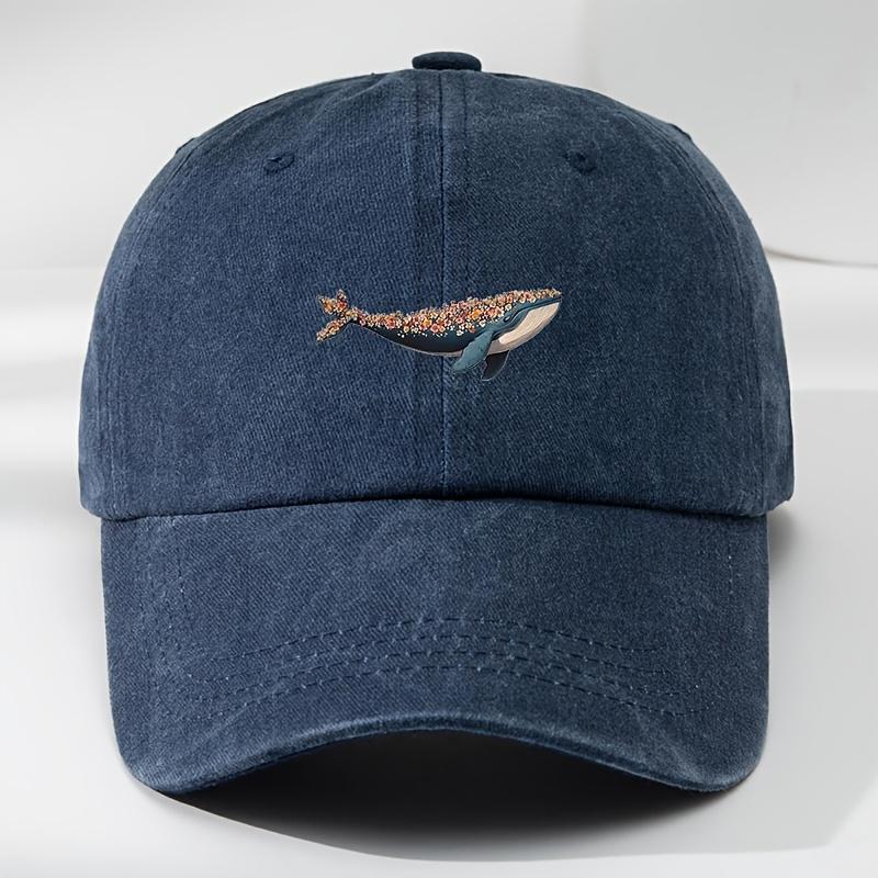 MenS Adjustable Floral Whale Baseball Cap  Black Outdoor Casual Hat with Vibrant Marine Design Machine Washable