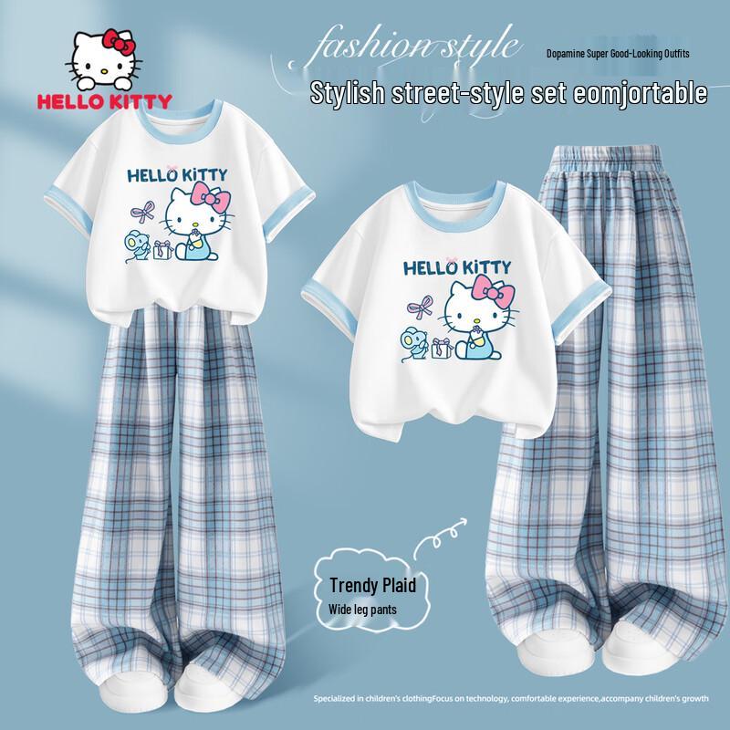 Hello Kitty Girls Summer Two-Piece Set with Plaid Pants 120