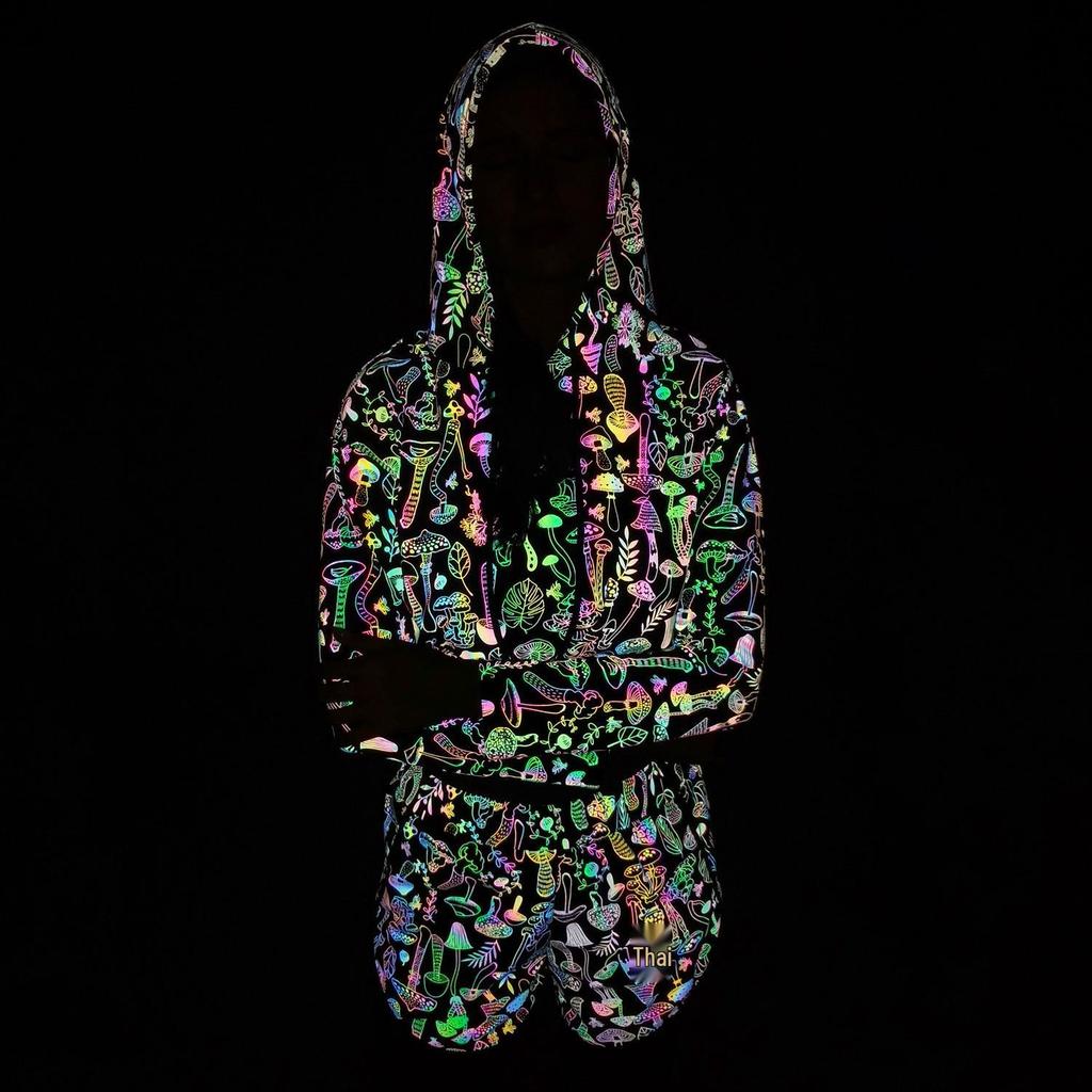 Women's Reflective Mushroom Print Hoodie - Trendy Colorful Pullover Top