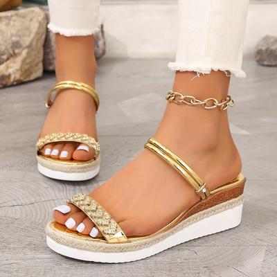 Mode Mode Gold Strass Keilsandalen für Damen 2025 Sommer Rutschfeste Strandschuhe Frau Leichte Plateau-Slipper Übergröße