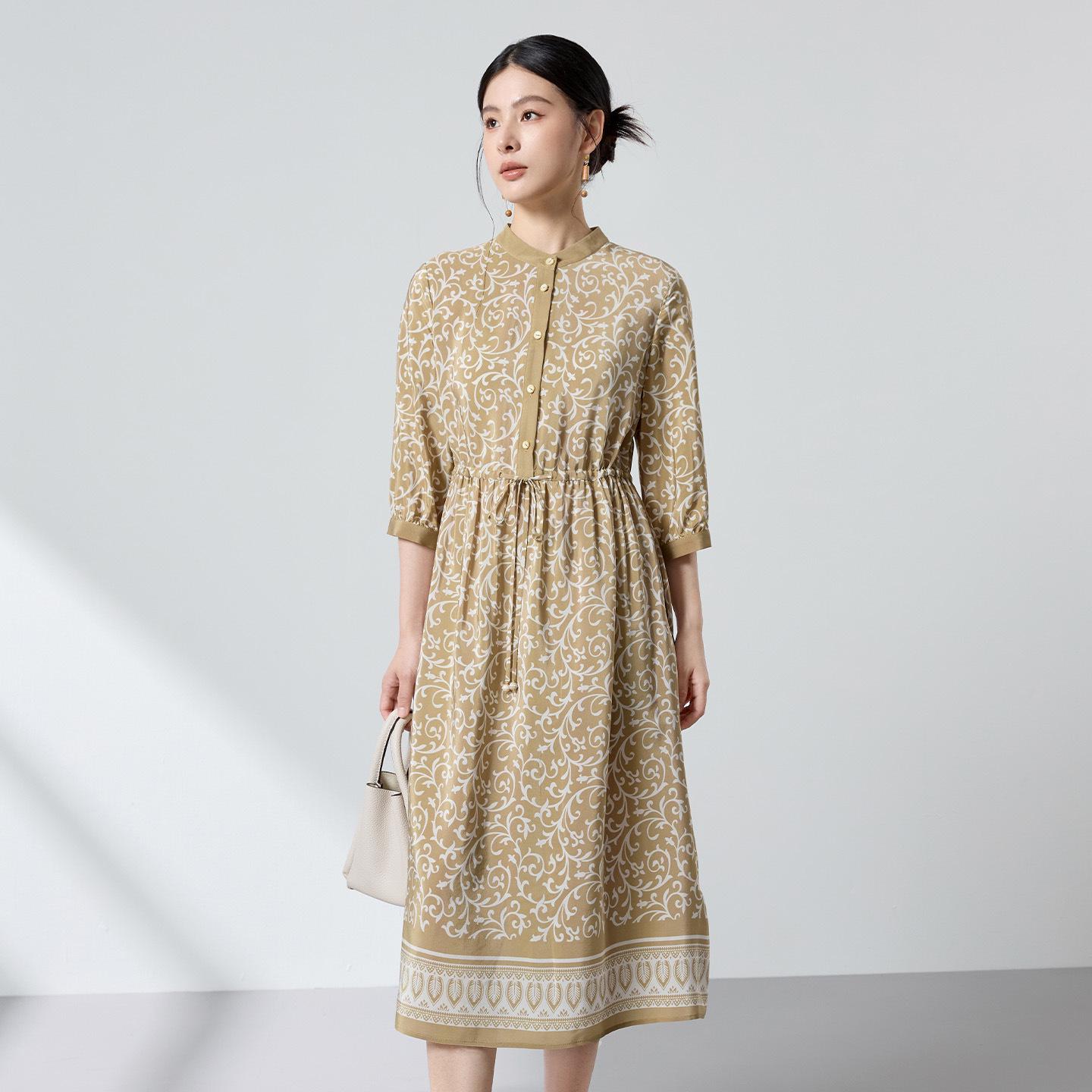 

Heavyweight Elastic Crepe Stand Collar Dress with Winding Branch Print - Elegant & Slimming L хаки